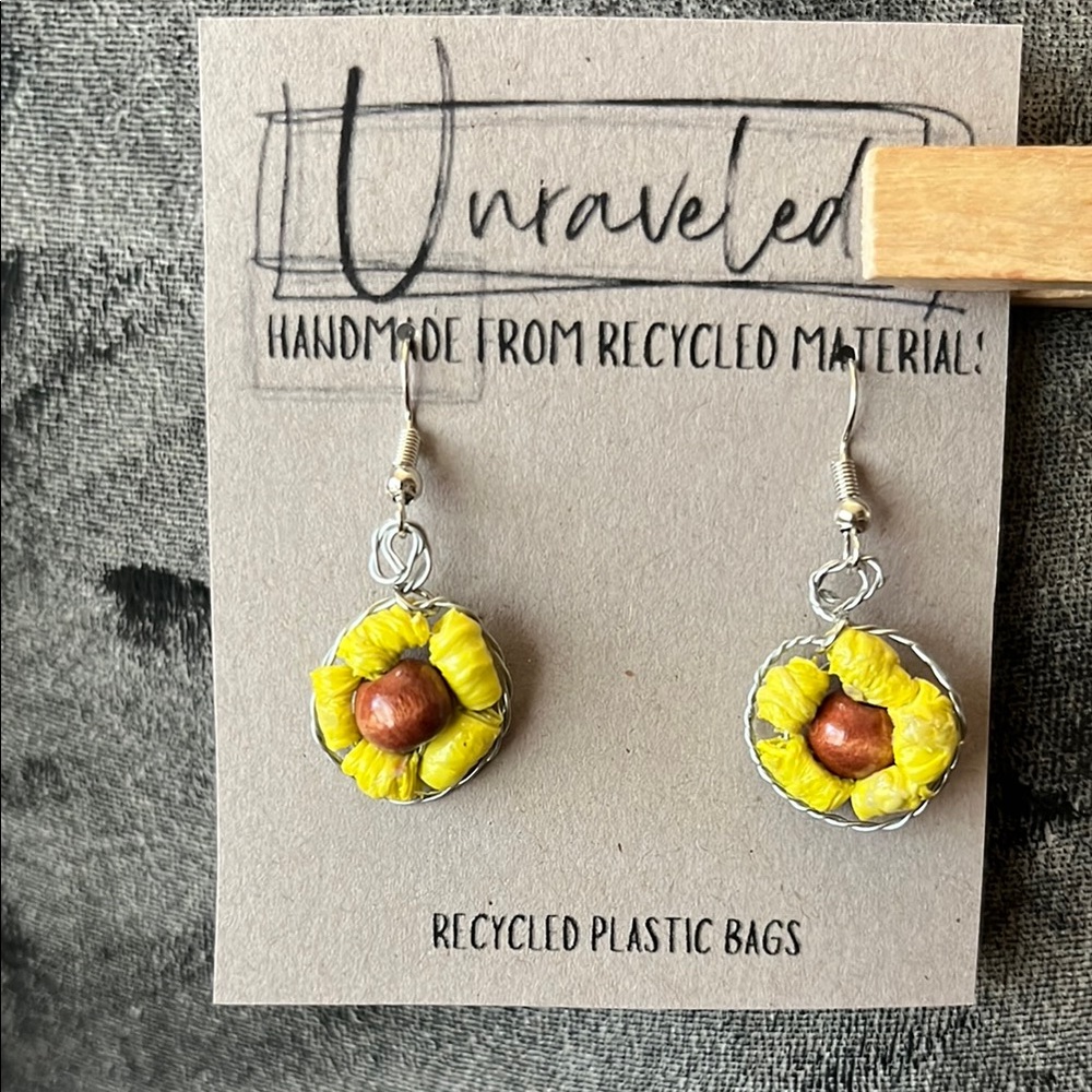 Yellow and Brown Recycled Plastic Bag Earrings
